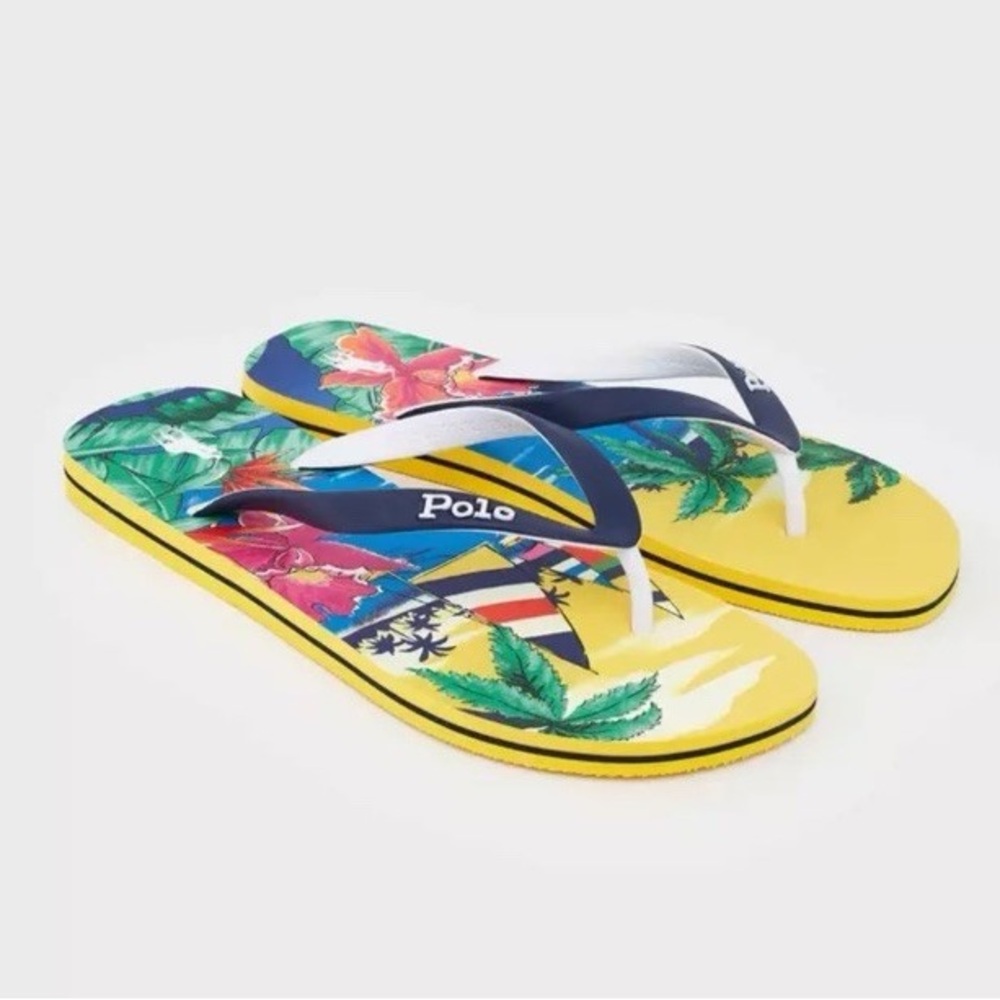 Polo Ralph Lauren Men’s BOLT Tropical Aloha Print Flip Flops Shoes - Picture 1 of 6